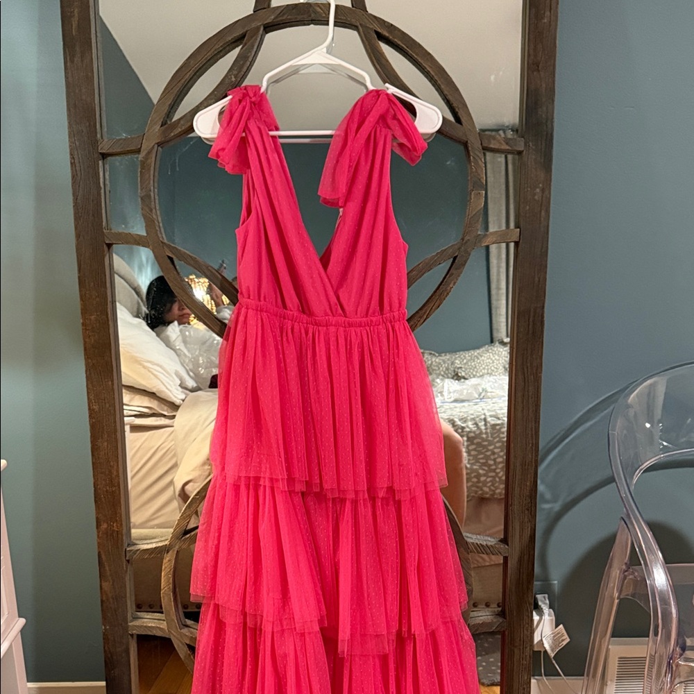 Baltic Born Hot Pink Tiered Tulle Maxi Dress with Tie Straps